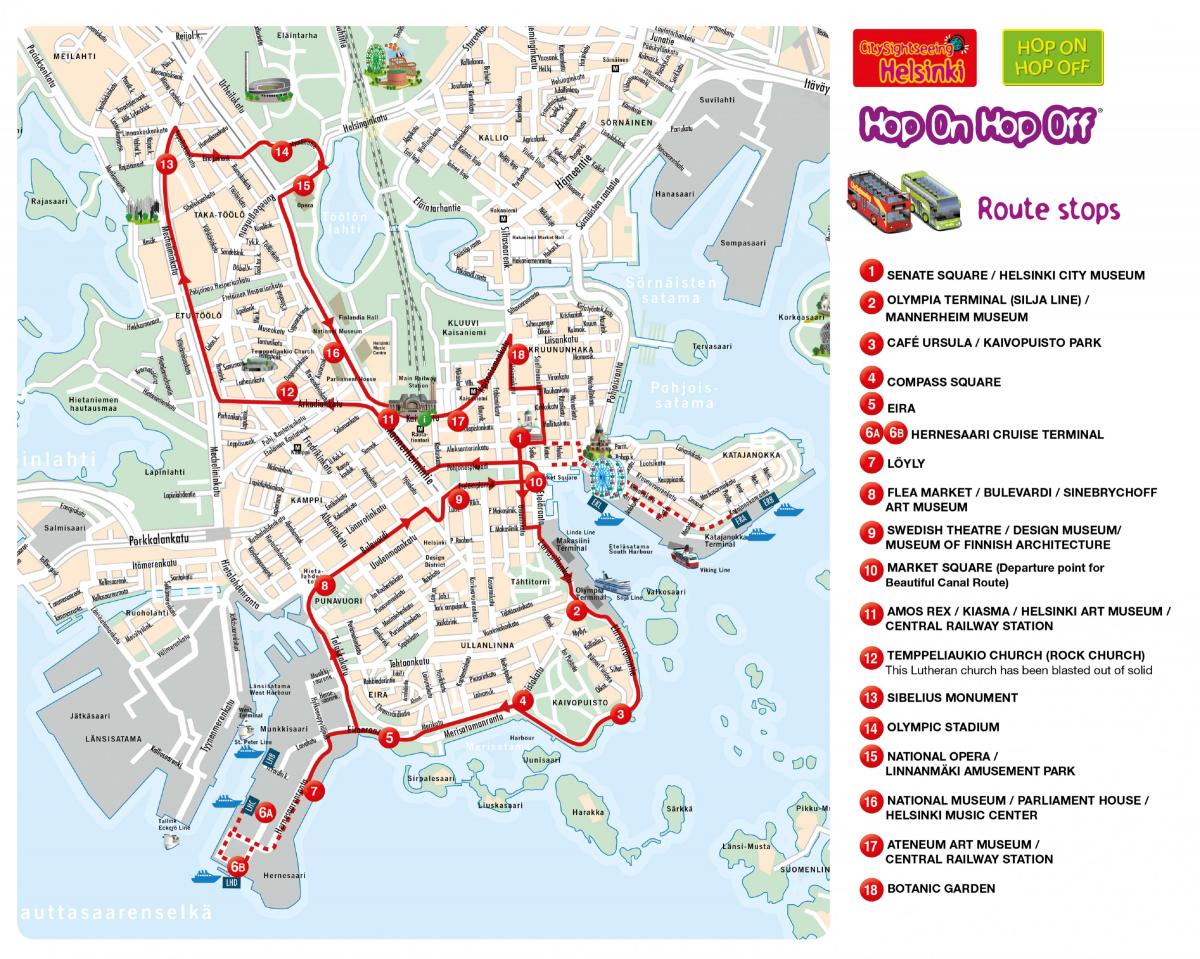 Helsinki Hop On Hop Off mapa wycieczek autobusowych