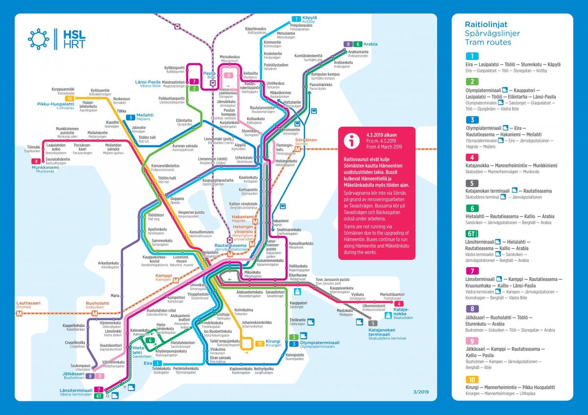 Helsinki mapa przystanków tramwajowych